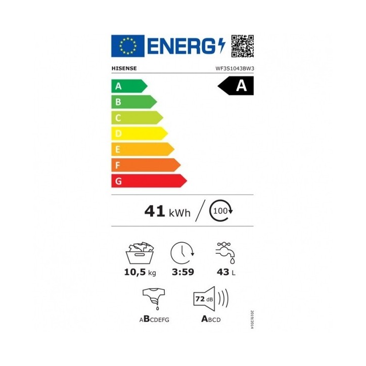 Πλυντήριο Ρούχων Hisense WF3S1043BW3 10,5 kg A Πλυντήριο Ρούχων Hisense WF3S1043BW3 10,5 kg A