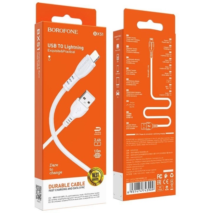 Καλώδιο σύνδεσης Borofone BX51 Triumph USB σε Lightning 2.4A 1μ Λευκό Καλώδιο σύνδεσης Borofone BX51 Triumph USB σε Lightning 2.4A 1μ Λευκό