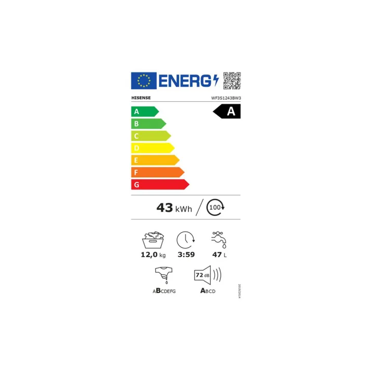Πλυντήριο Ρούχων Hisense WF3S1243BW3 12 kg Α